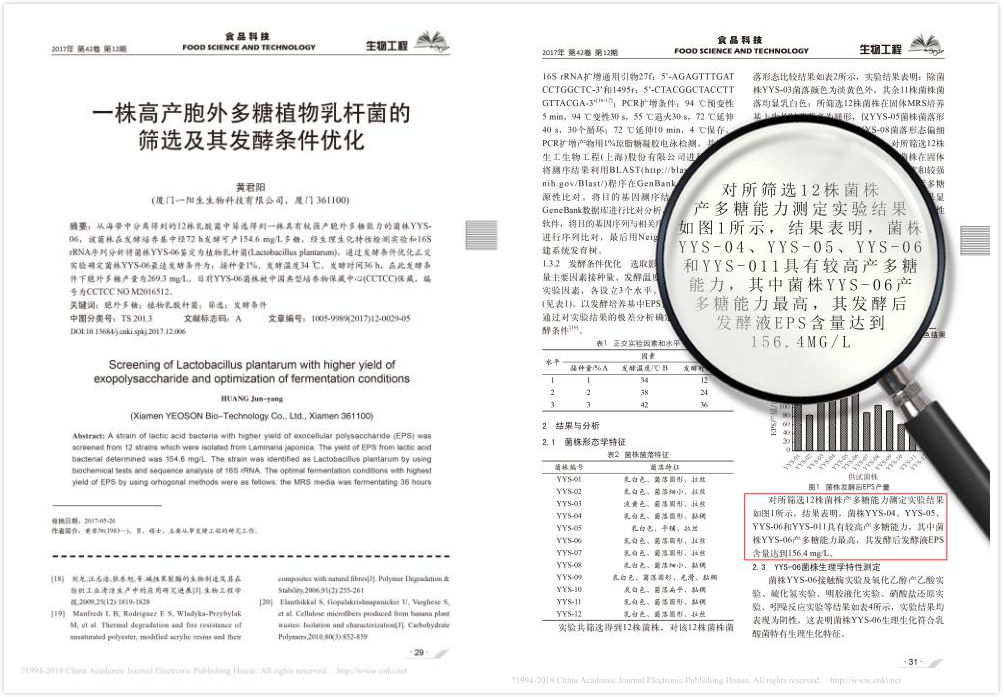 云顶集团焦点专利菌种（YYS-06）相关文献收录于重量级期刊《食物